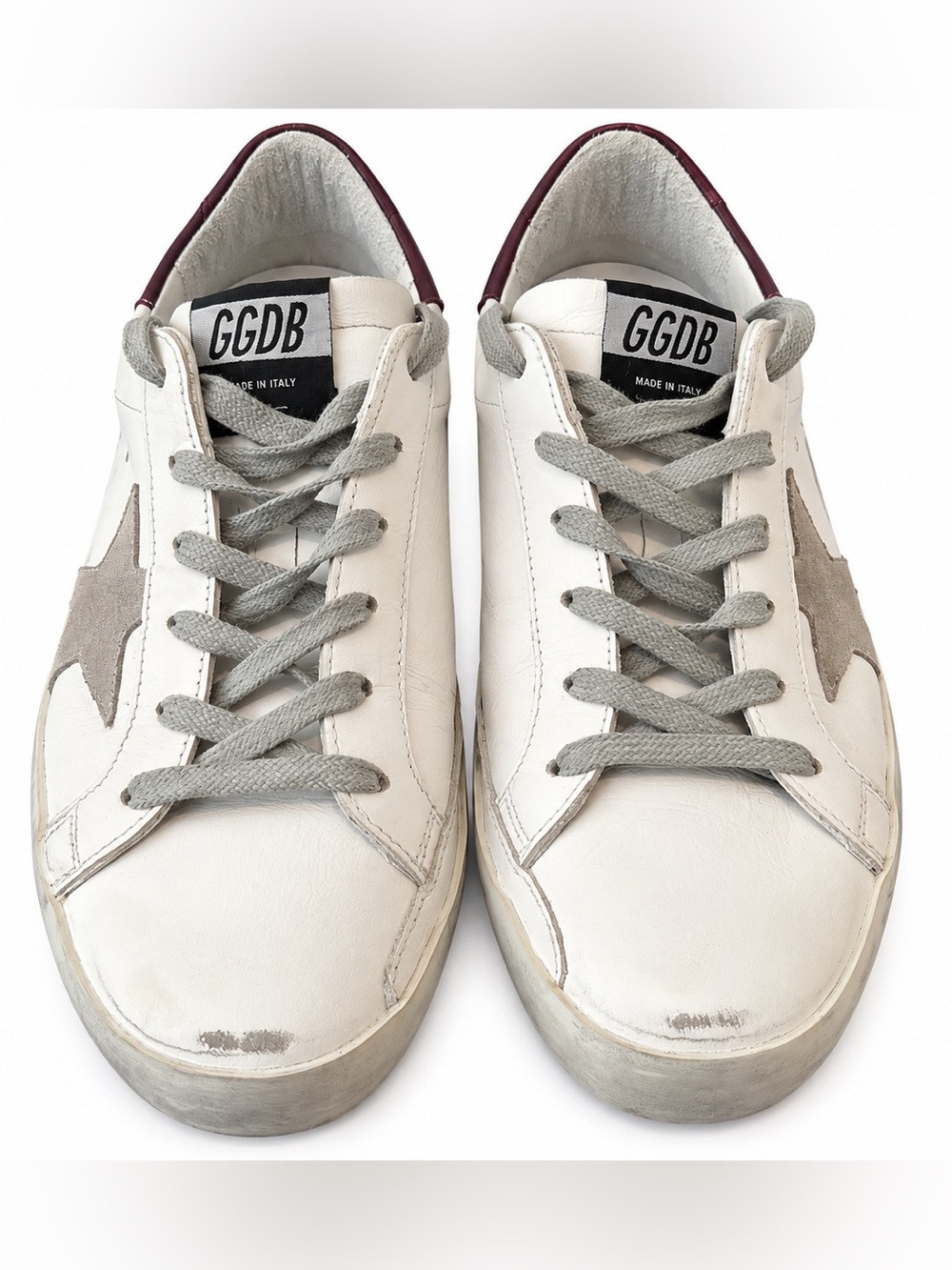Golden Goose White Leather Sneakers with Gray Star and Burgundy Heel